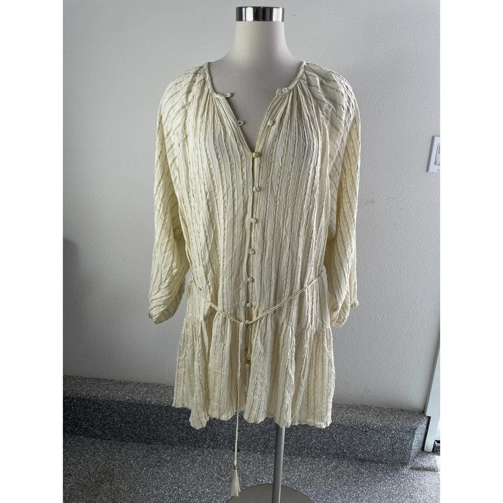 L*Space Cover Up Womens Medium White‎ Metallic Stripe Button Tassel Tunic